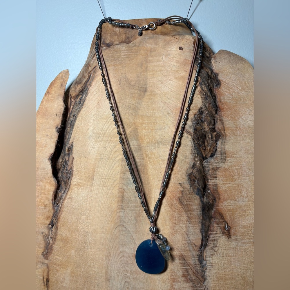 Silpada Blue Pendant Necklace with Beaded and Leather Chain. 21”